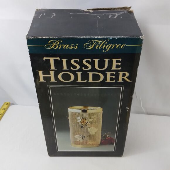 Brass Filigree Tissue Box Holder Cover Roses Garbage Can Vintage MCM - Picture 9 of 11